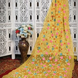 Sunshine Yellow Resham Kota Silk Saree with Hand Embroidered Multicolor Floral Design – No Blouse Piece