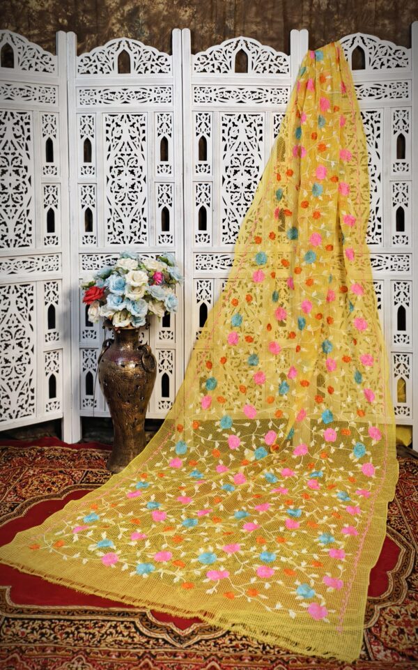 Sunshine Yellow Resham Kota Silk Saree with Hand Embroidered Multicolor Floral Design – No Blouse Piece