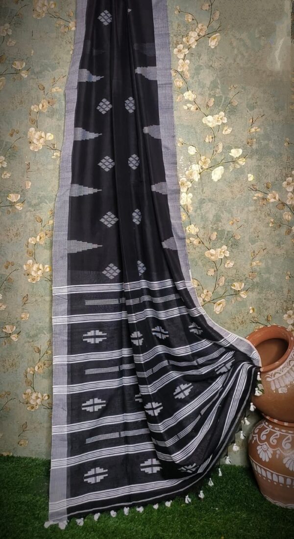 Handwoven Premium Mercerised Cotton Saree – Black Base with White & Grey Accents (With Blouse Piece)