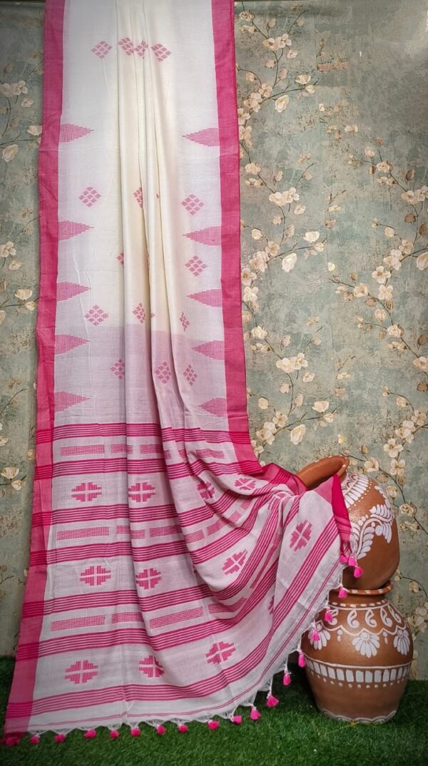 Handwoven Mercerised Cotton Saree – Soft Cream with Vibrant Bright Pink Border & Woven Motifs (With Blouse Piece)