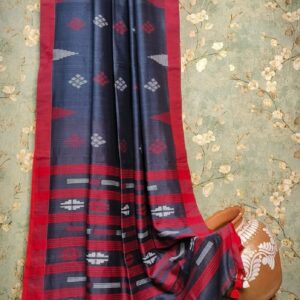 Handwoven Mercerised Cotton Saree – Deep Blue with Striking Red Border & Pallu (With Blouse Piece)