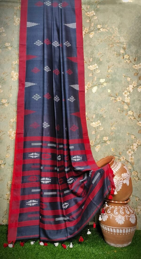 Handwoven Mercerised Cotton Saree – Deep Blue with Striking Red Border & Pallu (With Blouse Piece)