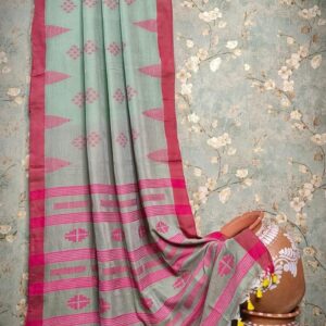 Handwoven Mercerised Cotton Saree – Muted Sage Green with Vibrant Pink Border & Woven Motifs (Blouse Piece Included)