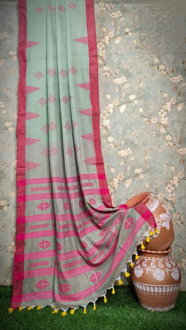 Handwoven Mercerised Cotton Saree – Muted Sage Green with Vibrant Pink Border & Woven Motifs (Blouse Piece Included)