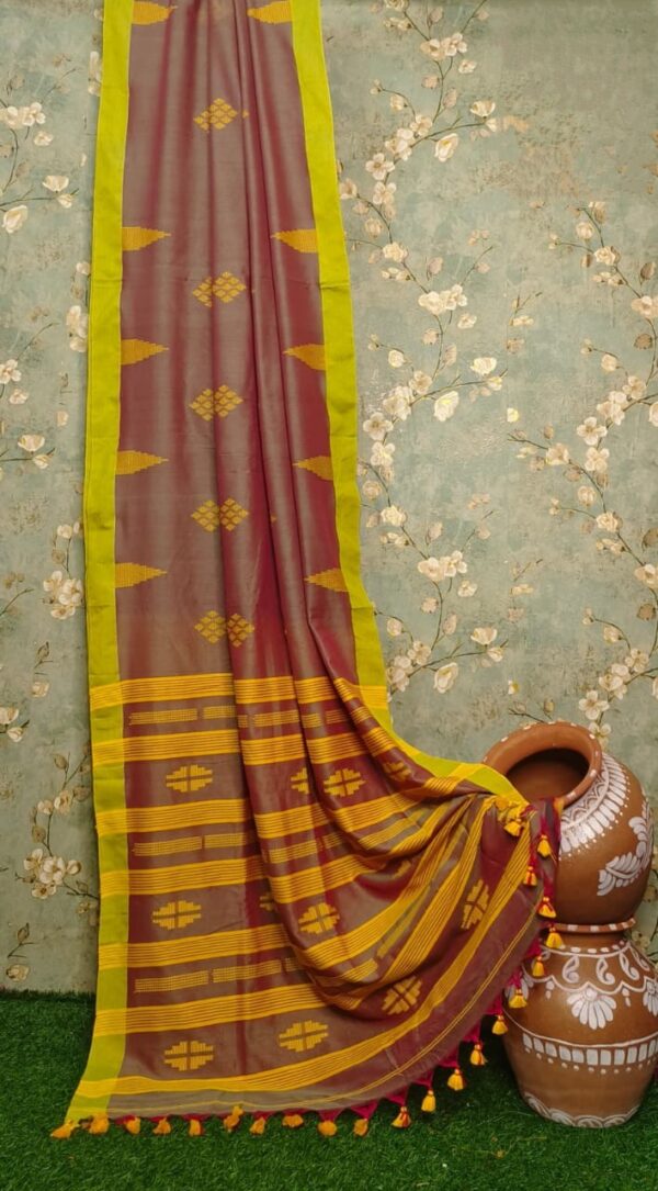 Handwoven Mercerised Cotton Saree – Maroon Body with Vibrant Lime Green Border (With Blouse Piece)
