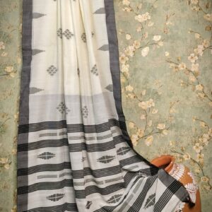 Handwoven Mercerised Cotton Saree – Classic Cream with Bold Black Border & Traditional Patterns (With Blouse Piece)