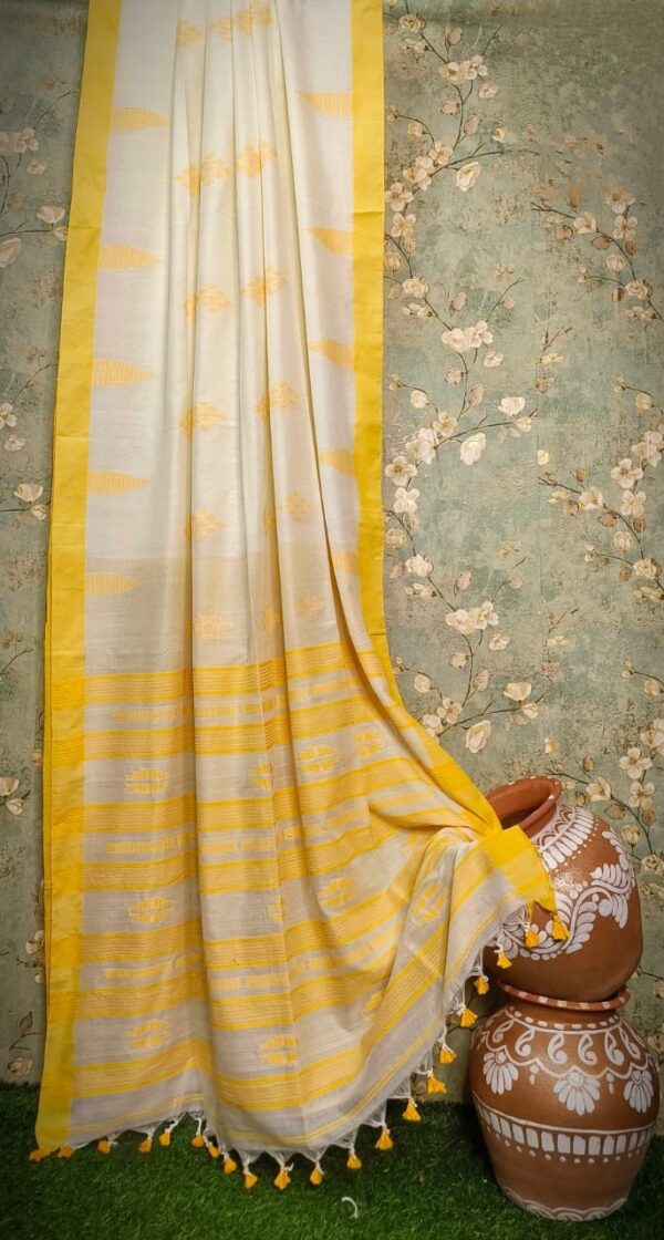 Handwoven Mercerised Cotton Saree – Cream with Radiant Yellow Border & Intricate Woven Motifs (Blouse Piece Included)