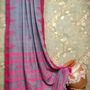 Handwoven Mercerised Cotton Saree – Light Grey with Striking Deep Fuchsia Border & Woven Motifs (With Blouse Piece)