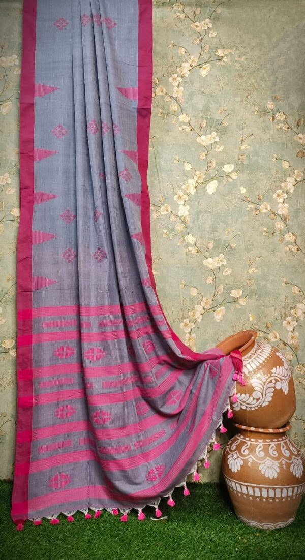 Handwoven Mercerised Cotton Saree – Light Grey with Striking Deep Fuchsia Border & Woven Motifs (With Blouse Piece)