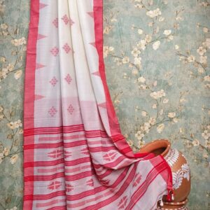 Handwoven Mercerised Cotton Saree – Elegant Cream with Rich Red Border & Traditional Motifs (Blouse Piece Included)