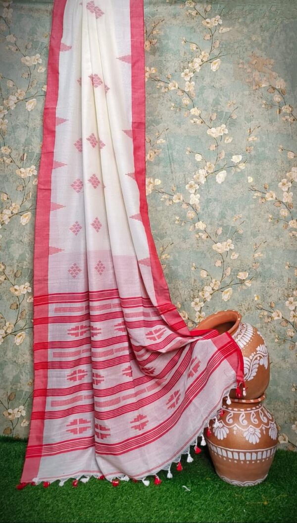 Handwoven Mercerised Cotton Saree – Elegant Cream with Rich Red Border & Traditional Motifs (Blouse Piece Included)