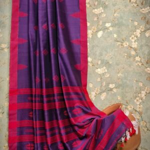Handwoven Mercerised Cotton Saree – Regal Purple with Bold Red Border & Woven Patterns (With Blouse Piece)
