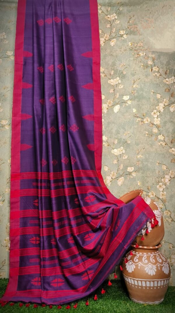 Handwoven Mercerised Cotton Saree – Regal Purple with Bold Red Border & Woven Patterns (With Blouse Piece)