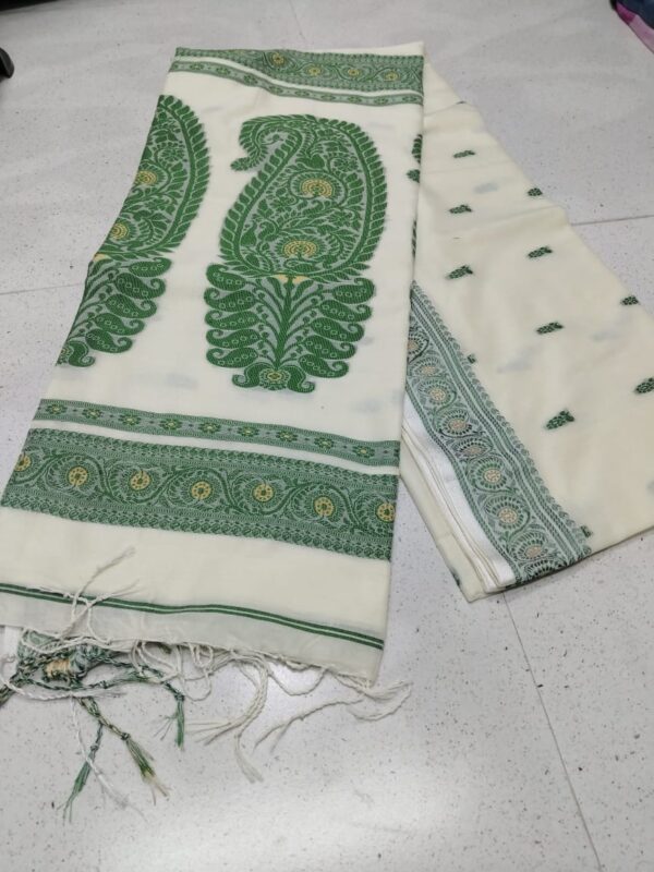 Handwoven Cream & Green Baluchari Saree in Premium Cotton Maslight with Blouse Piece