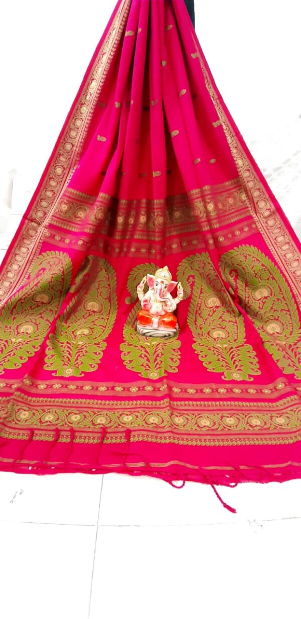 Graceful Pink & Gold Handwoven Baluchari Saree in Premium Cotton Maslight with Blouse Piece