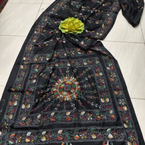 Ebony Elegance: Black Assam Silk Saree with Intricate Rainbow Kantha Embroidery