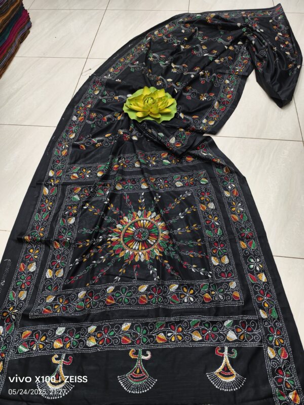 Ebony Elegance: Black Assam Silk Saree with Intricate Rainbow Kantha Embroidery