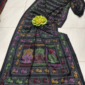 Black Assam Silk Saree with Vibrant Multicolor Kantha Embroidery