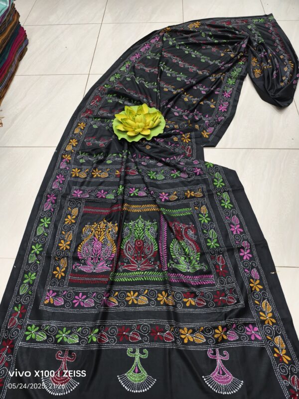 Black Assam Silk Saree with Vibrant Multicolor Kantha Embroidery