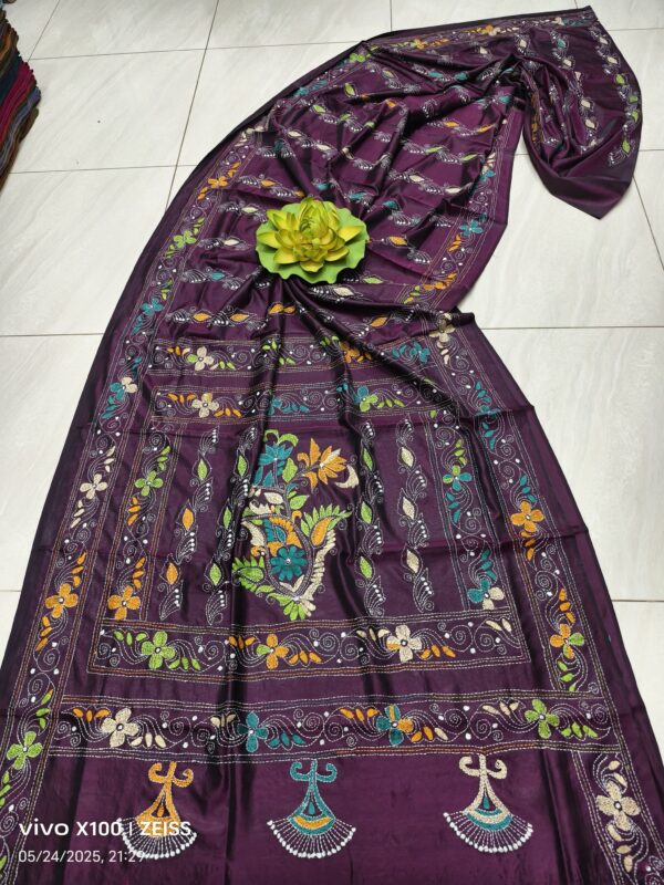 Deep Purple Assam Silk Saree with Multicolor Handcrafted Kantha Embroidery