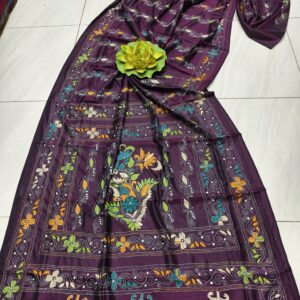 Elegant Deep Purple Assam Silk Saree with Intricate Handcrafted Kantha Stitch