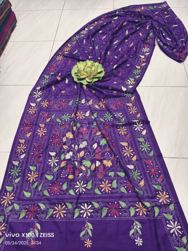 Regal Radiance: Royal Purple Assam Silk Saree with Multicolor Kantha Hand Embroidery