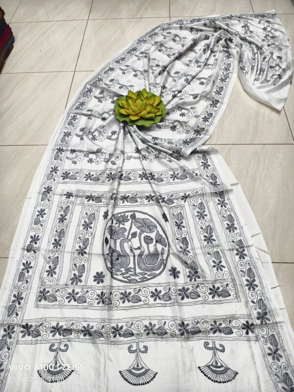 Noir Thread on Ivory Dreams – Handcrafted Kantha Saree in Assam Silk