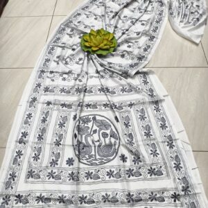 White Assam Silk Saree with Black Kantha Hand Embroidery