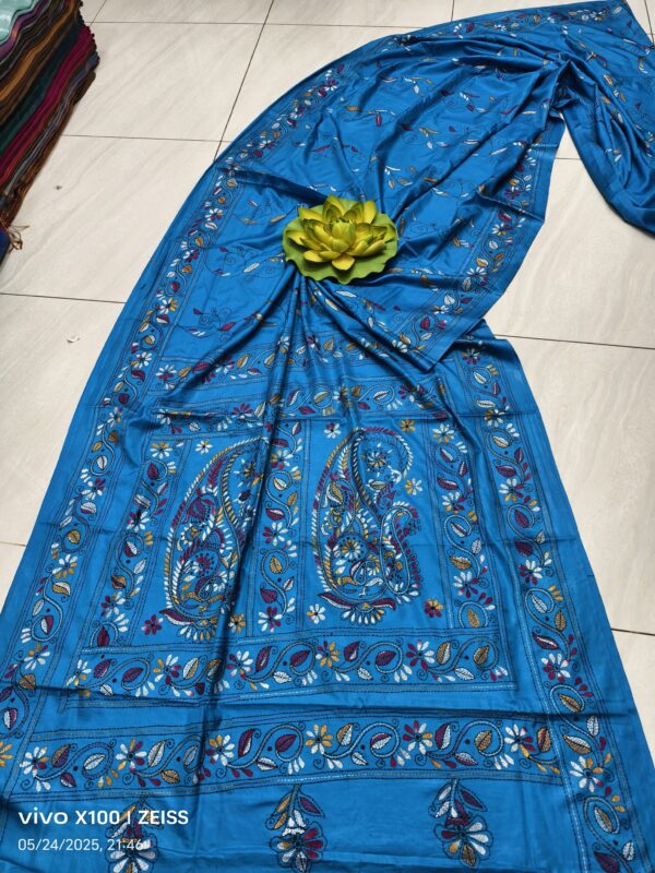 Cerulean Charm: Assam Silk Saree with Striking Multicolor Kantha Embroidery