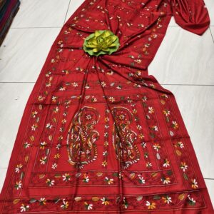 Vibrant Red Assam Silk Saree with Multicolored Handcrafted Kantha Embroidery