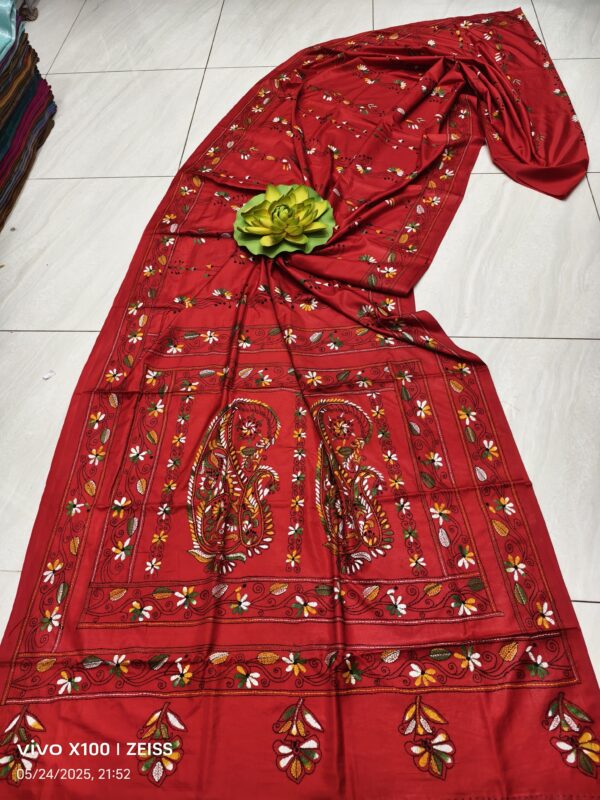 Vibrant Red Assam Silk Saree with Multicolored Handcrafted Kantha Embroidery