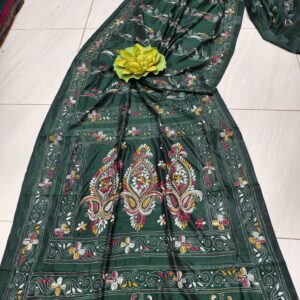 Bottle Green Assam Silk Saree with Vibrant Multicolor Kantha Hand Embroidery