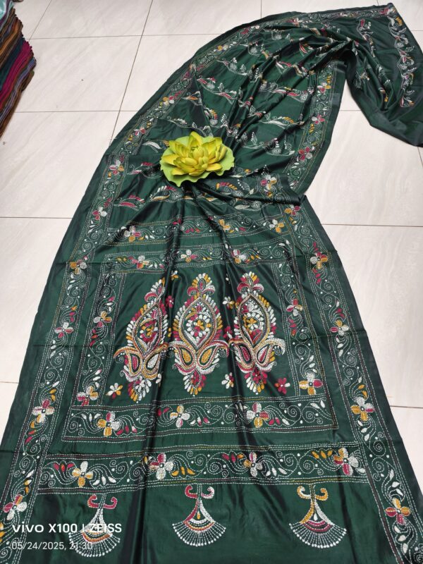 Bottle Green Assam Silk Saree with Vibrant Multicolor Kantha Hand Embroidery