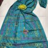 Teal Symphony: Assam Silk Saree with Vibrant Multicolor Kantha Hand Embroidery