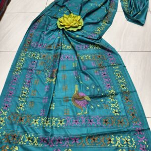 Teal Symphony: Assam Silk Saree with Vibrant Multicolor Kantha Hand Embroidery
