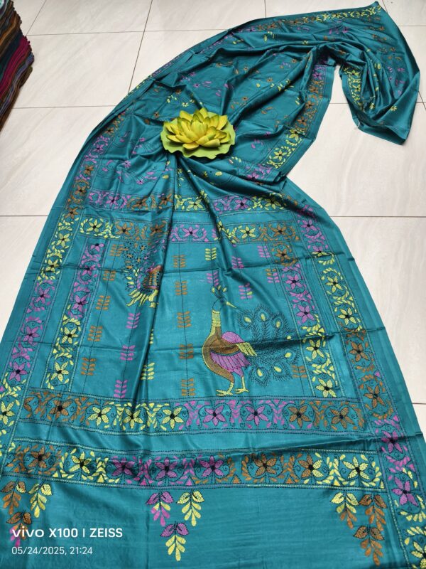 Teal Symphony: Assam Silk Saree with Vibrant Multicolor Kantha Hand Embroidery