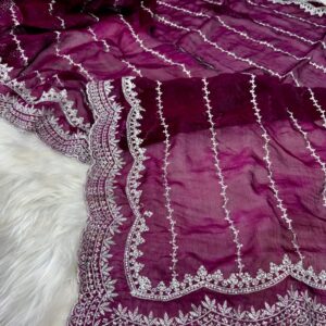 Royal Purple Satin Georgette Party Saree with Handcrafted Stonework & Designer Blouse Piece