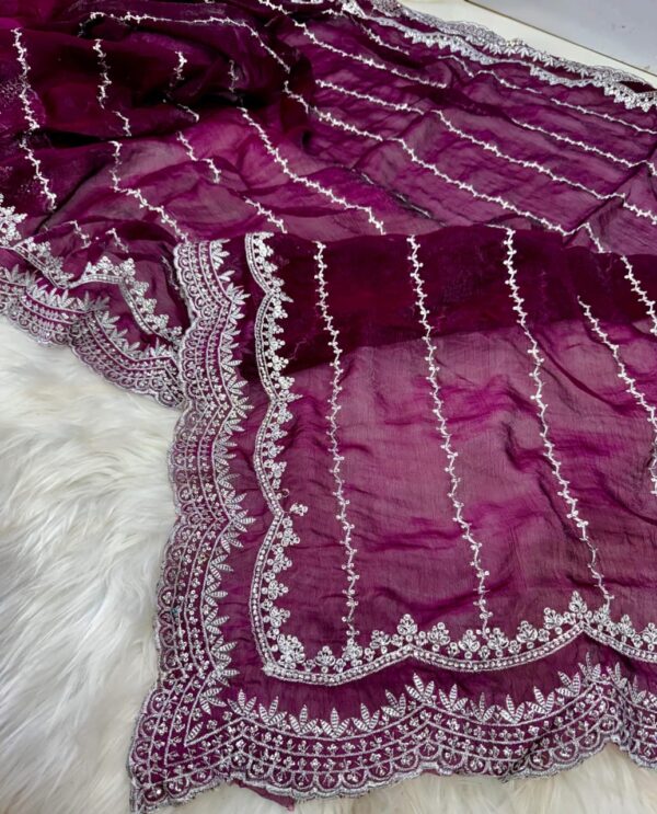 Royal Purple Satin Georgette Party Saree with Handcrafted Stonework & Designer Blouse Piece