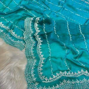 Turquoise Satin Georgette Party Saree with Hand-Embellished Stone Detailing & Blouse Piece