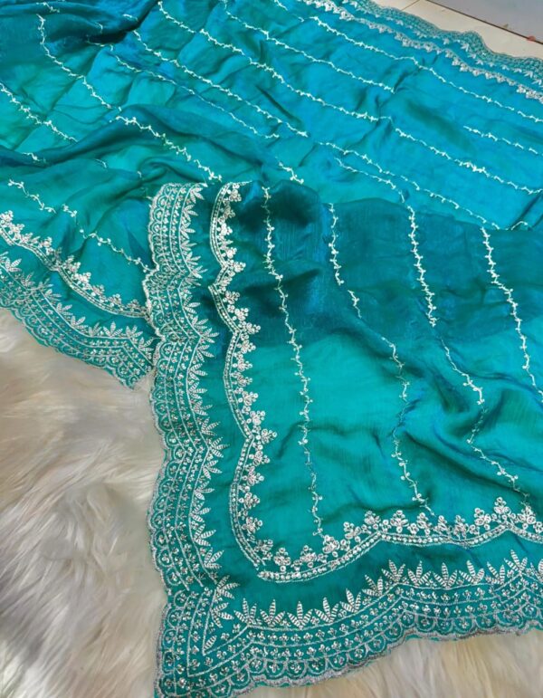 Turquoise Satin Georgette Party Saree with Hand-Embellished Stone Detailing & Blouse Piece