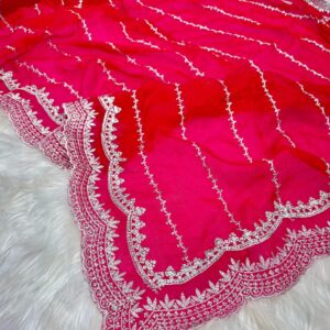 Hot Pink Satin Georgette Party Saree with Handcrafted Stone Embellishments & Blouse Piece