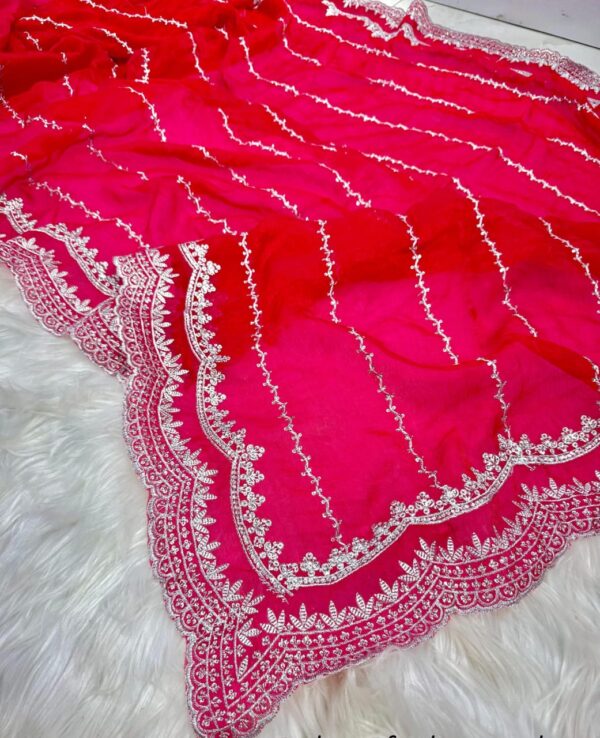 Hot Pink Satin Georgette Party Saree with Handcrafted Stone Embellishments & Blouse Piece