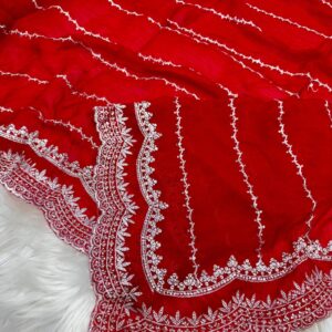 Radiant Red Satin Georgette Party Saree with Hand-Embellished Stonework & Blouse Piece