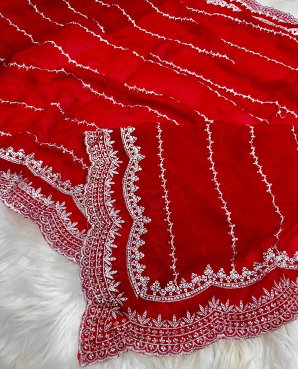 Radiant Red Satin Georgette Party Saree with Hand-Embellished Stonework & Blouse Piece
