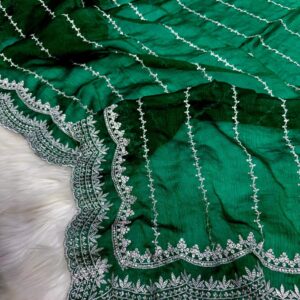 Dark Green Satin Georgette Party Saree with Hand-Embellished Stonework & Blouse Piece