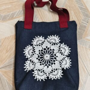 Handcrafted Blue Denim Tote Bag – White Cotton Crochet Detail & Zipper Pocket