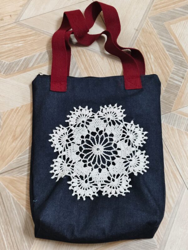 Handcrafted Blue Denim Tote Bag – White Cotton Crochet Detail & Zipper Pocket