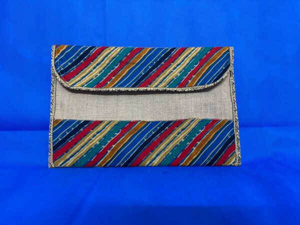 Handcrafted Jute Document Folder – Earthy Beige with Multicolored Fabric Accent | Long & Foolscap Size