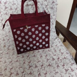 Maroon Eco-Tote – Handcrafted Laminated Jute Bag with Dual Zippers