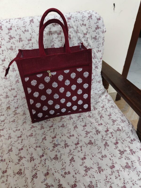 Maroon Eco-Tote – Handcrafted Laminated Jute Bag with Dual Zippers
